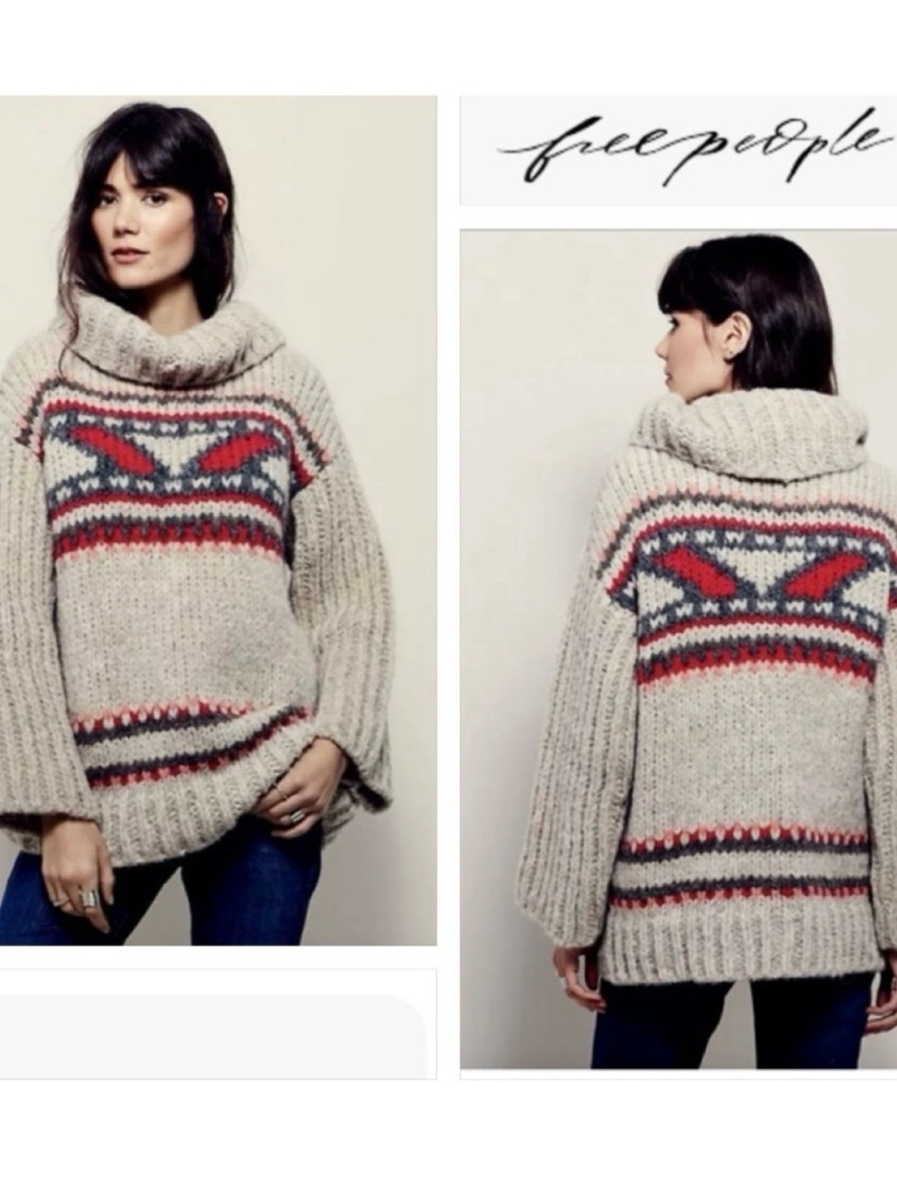 Free People Alpaca Wool Caravelle Chunky Knit Sweater Size XS Aztec in Ecru/Red